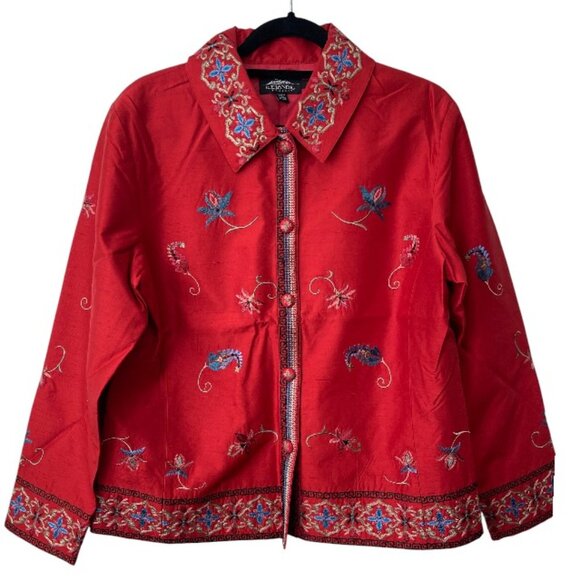 Islandic Design Vintage Winding Lotus Embroidered Red Jacket Women's Size Large